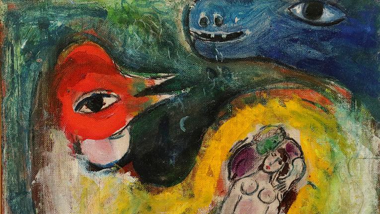 Marc Chagall (1887-1985), Coq aux amoureux, étude, 1947-1950, huile sur toile, 32,8 x 40,2 cm.... Les fables de Monsieur Chagall