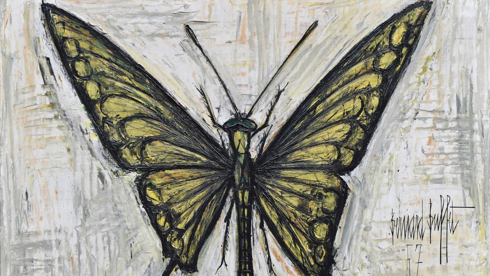 Bernard Buffet (1928-1999), Papillon, huile sur toile signée et datée 1957, tampon,... Bernard Buffet à la chasse au papillon
