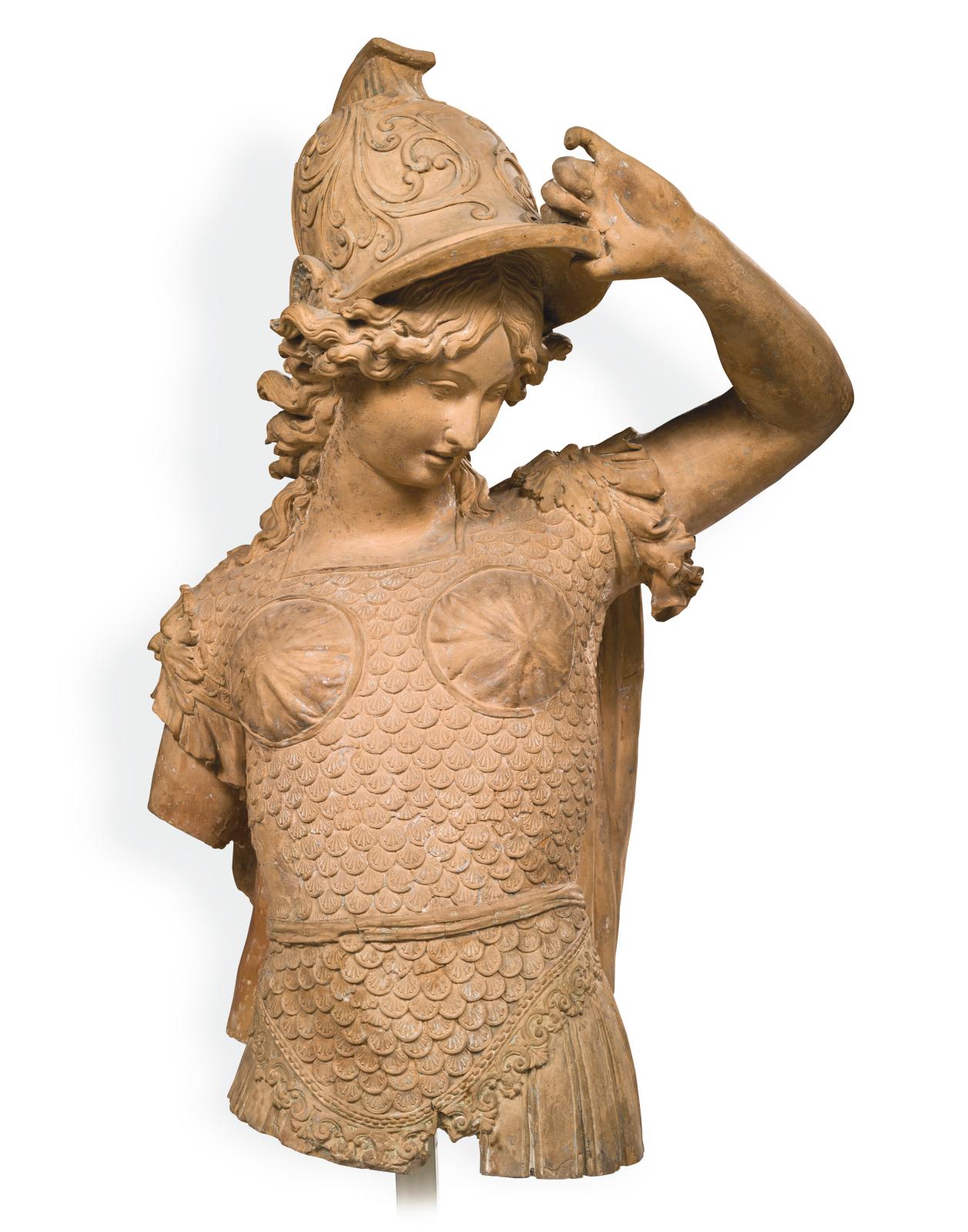 Mythologie encore avec ce torse de Minerve, victorieuse à hauteur de 39 000 €. Cette sculpture en terre cuite (h. 90 cm), façonnée dans l’Italie de la