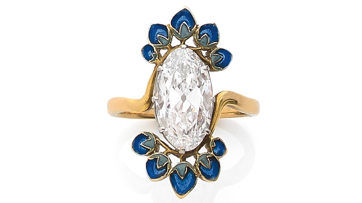 René Lalique (1860-1945), bague diamant de taille ancienne, forme navette, 3,76 ct,... Lalique version joaillerie