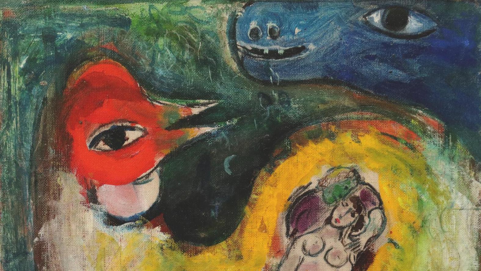 Marc Chagall (1887-1985), Rooster with lovers, study, 1947-1950, oil on canvas, 32,8... Chagall's Fables 