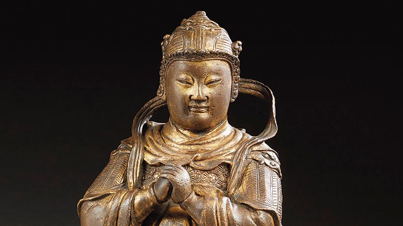 Chine, XIXe siècle. Statuette de gardien de temple en bronze à patine partiellement... Gardien de temple bouddhique chinois 