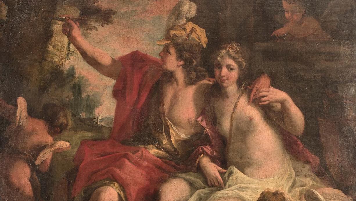 Attribué à Sebastiano Ricci (1659-1734), Angélique et Médor, huile sur toile, 122 x 120 cm.... Sebastiano Ricci, Ponce Jacquiot, Trapani...