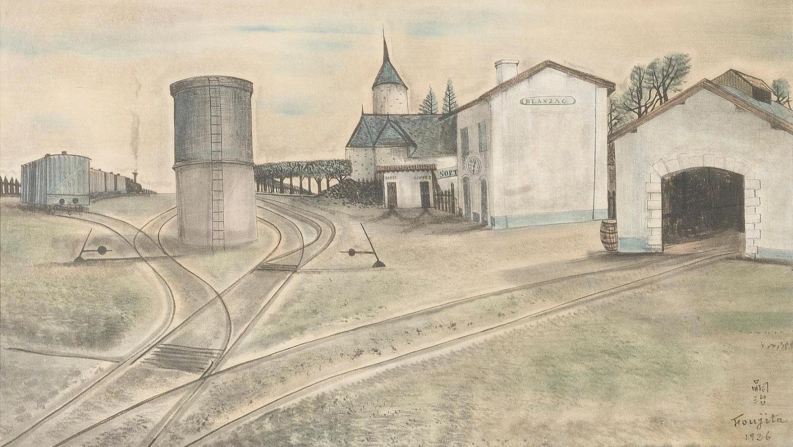 Léonard Tsuguharu Foujita (1886-1968), La Gare de Blanzac, 1926, aquarelle, 25 x 32 cm.... En gare avec Foujita