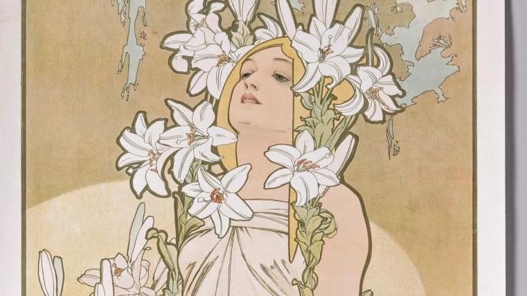 Alphonse Mucha (1860-1939), Les Fleurs : œillet, iris, lys et rose, série de quatre... Un visage de bronze et des femmes-fleurs