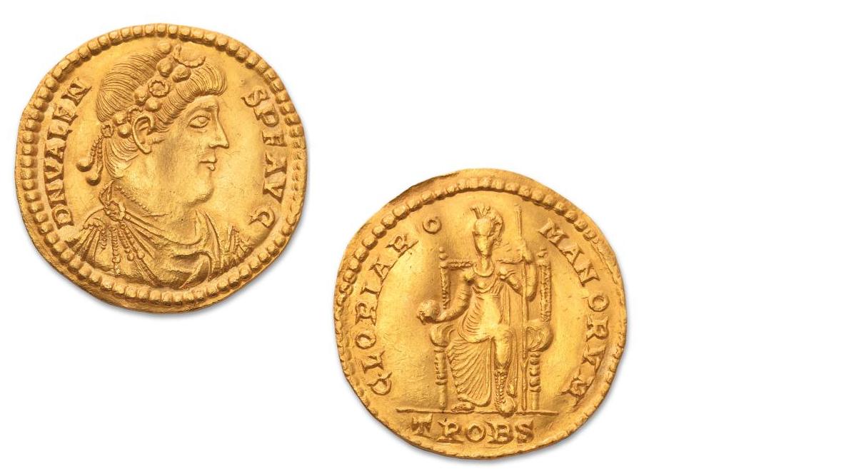 Médaillon de 4,5 solidi en or, Trèves (376-378), poids 20 g. diam. 3,9 cm. Estimation :... Trésor numismatique d'une collection