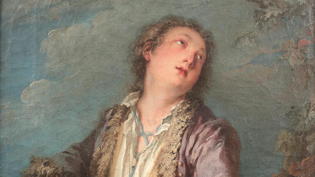 François Boucher (1703-1770), Joueur de vielle, huile sur toile, 39,5 x 32 cm. Adjugé :... Boucher : le talent n’attend pas le nombre des années