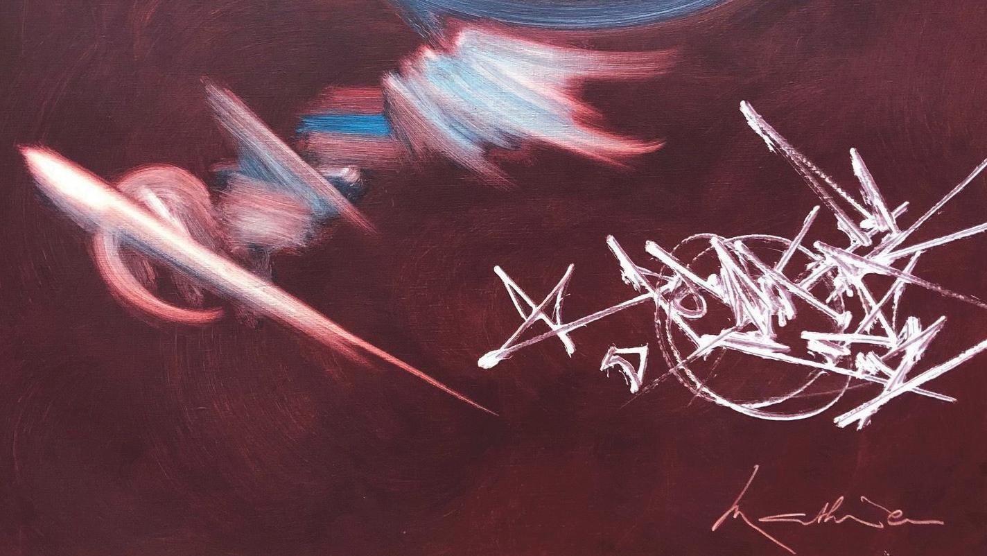 Georges Mathieu (1921-2012), Engoulevent, huile sur toile, signée et titrée, 73 x 92 cm.... L’envol de Georges Mathieu