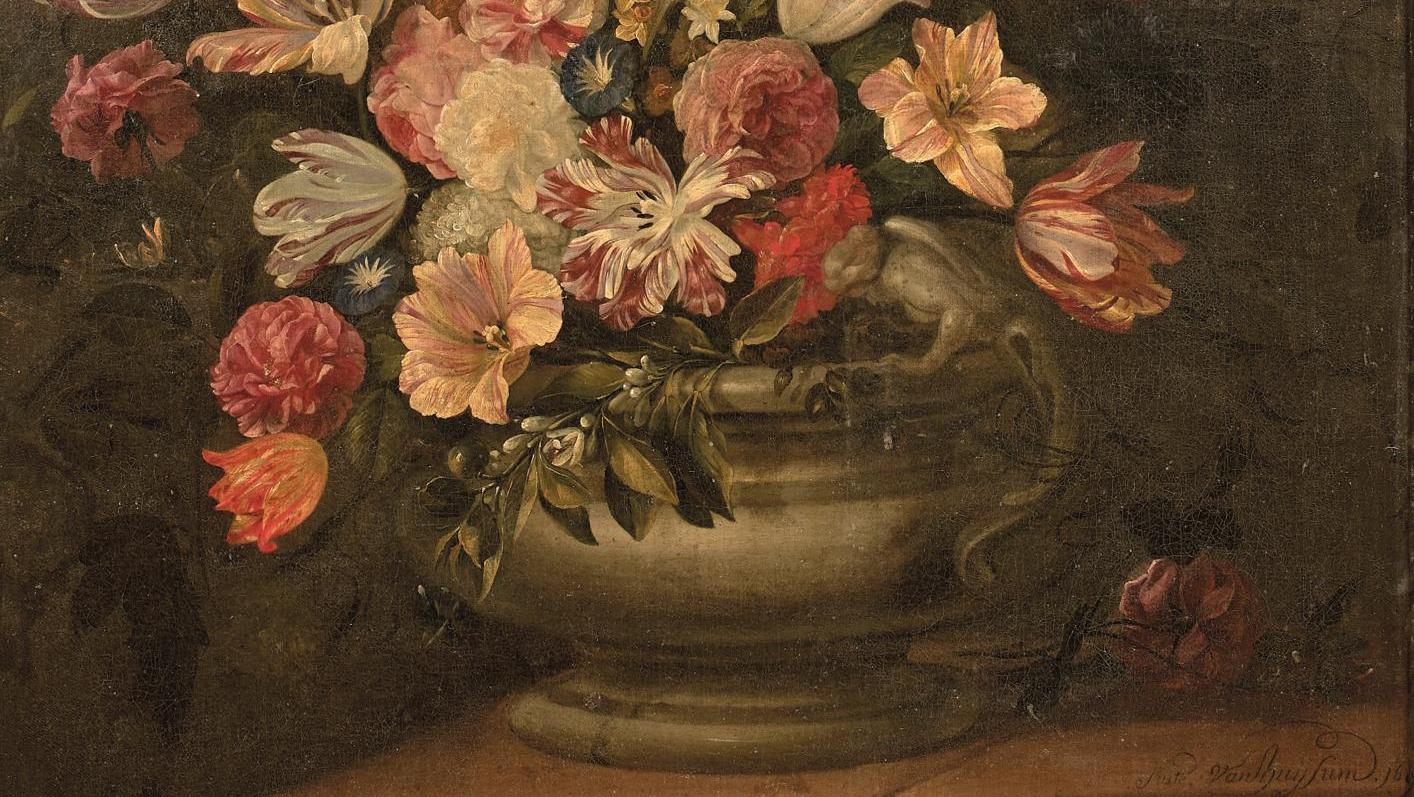 Justus Van Huysum (1659-1716), Bouquet de fleurs dans un vase sur un entablement,...  Justus Van Huysum : le dire avec des fleurs…