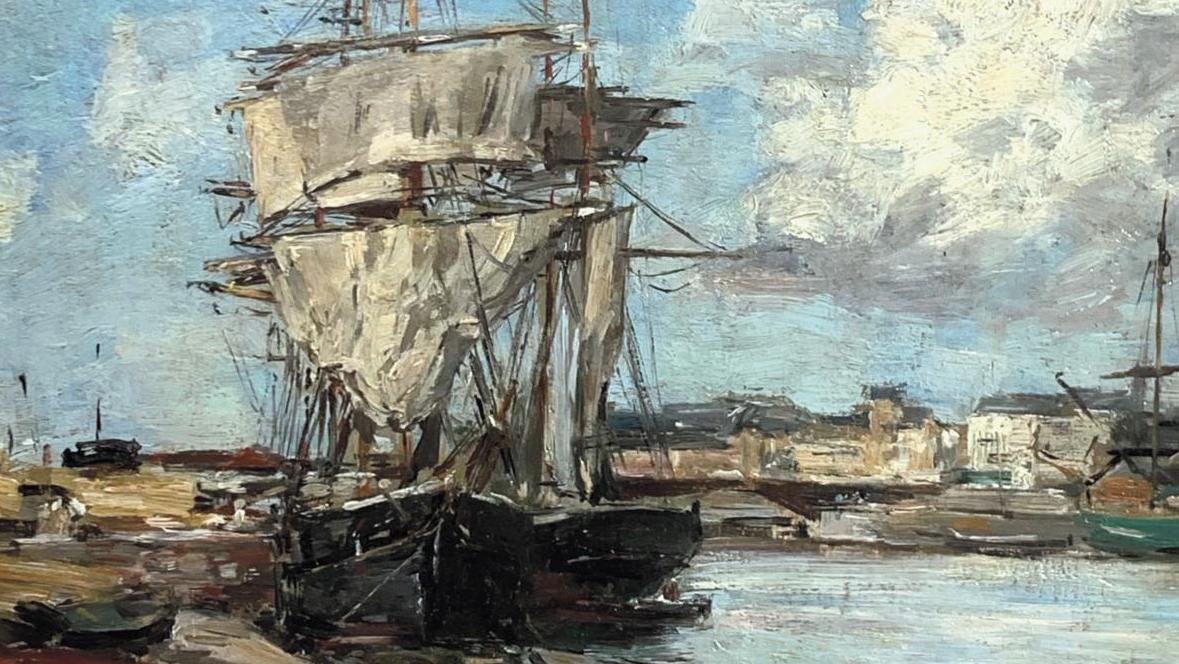 Eugène Boudin (1824-1898), Trouville, le port, huile sur panneau signée, 35,5 x 27 cm.... Larguer les amarres avec Eugène Boudin
