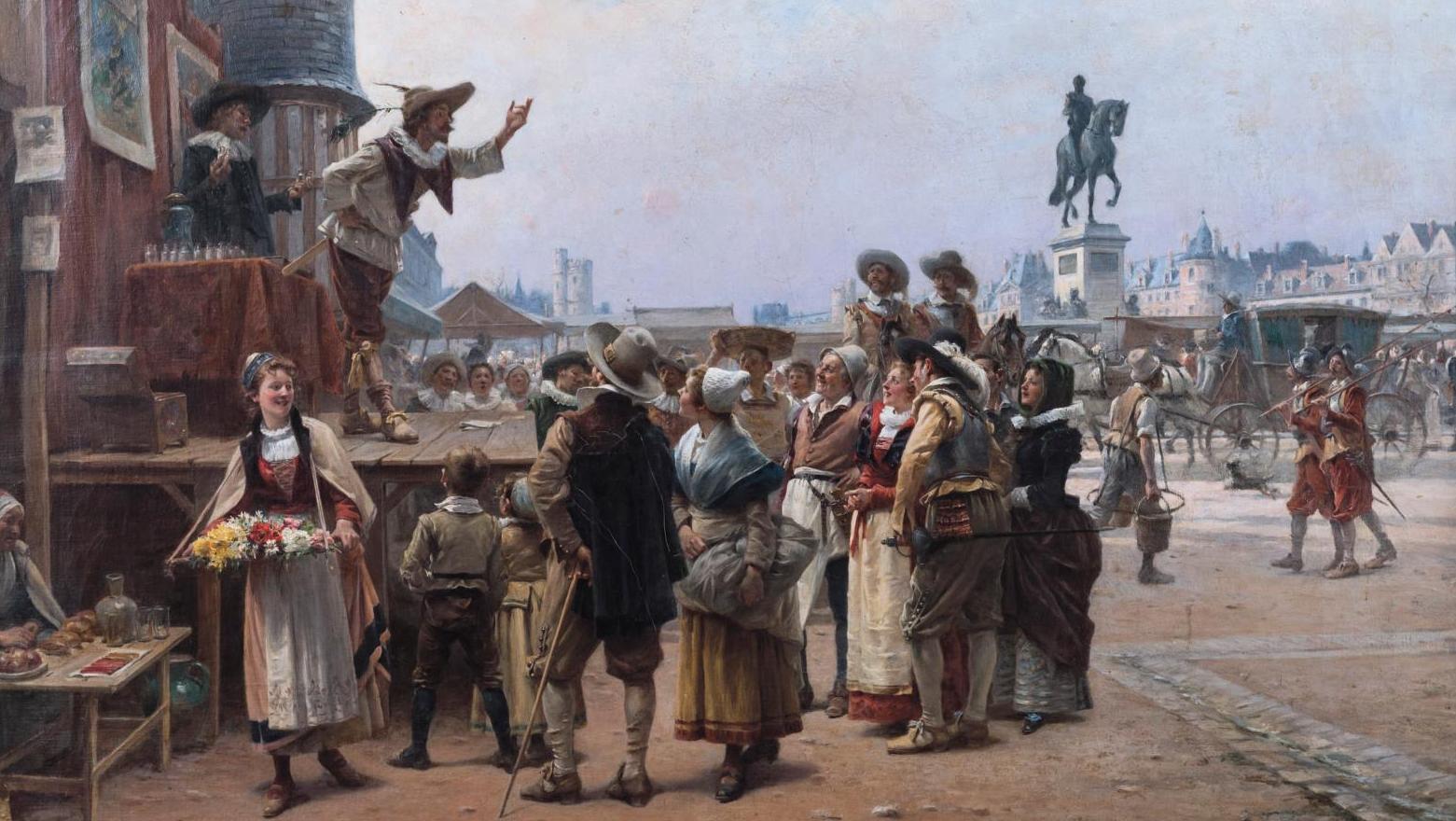 Adrien Moreau (1843-1906), Les Tréteaux de Tabarin au Pont-Neuf, huile sur toile,... Rendez-vous au Pont-Neuf avec l’illustre Tabarin