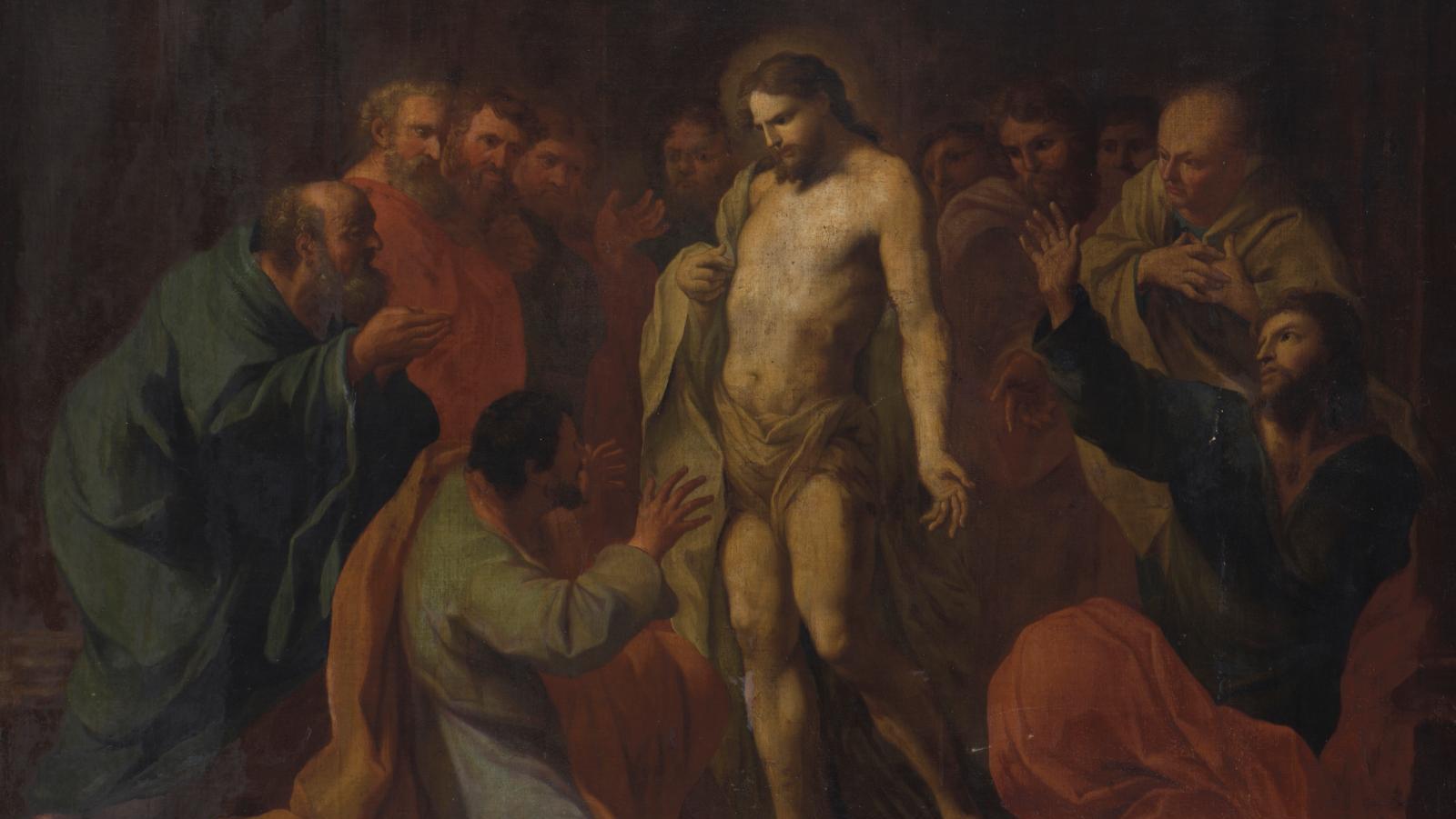 Thomas Blanchet (1614-1689), L’Incrédulité de saint Thomas, huile sur toile, 134 x 169 cm.... L’incrédulité de saint Thomas par Thomas Blanchet