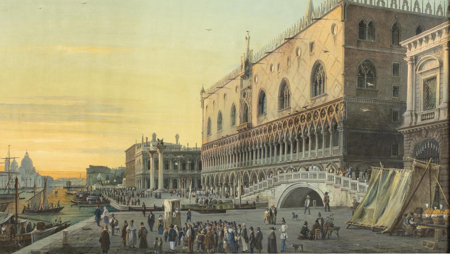 Luigi Querena (1820-1887), Vue du palais des Doges à Venise, gouache, signée et datée... Luigi Querana,  le Canaletto du XIXe 