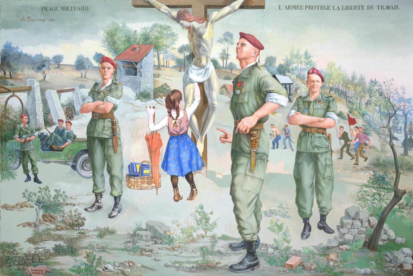 Alfred Courmes (1898-1993), Image militaire, l’armée protège la liberté du travail, 1984, huile sur toile signée, datée et titrée, 130 x 195 cm. Estim