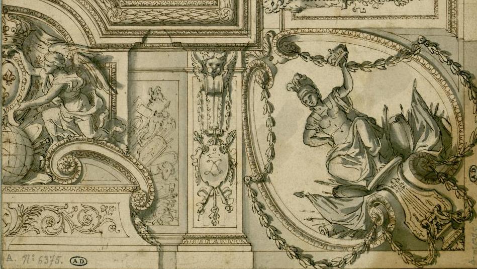 Charles Le Brun (1619-1690), Projet pour le plafond du Grand Cabinet du roi aux Tuileries,... Le dessin sans réserve au musée des Arts décoratifs
