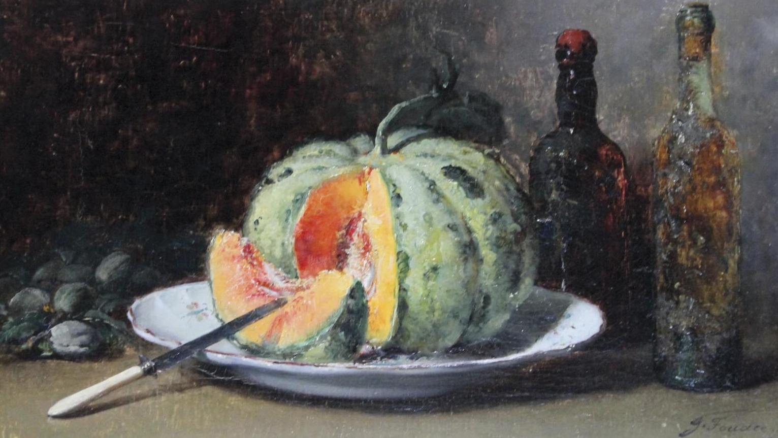Guillaume Fouace (1837-1895), Nature morte aux melons et aux bouteilles, huile sur... Les mondes discrets de Guillaume Fouace
