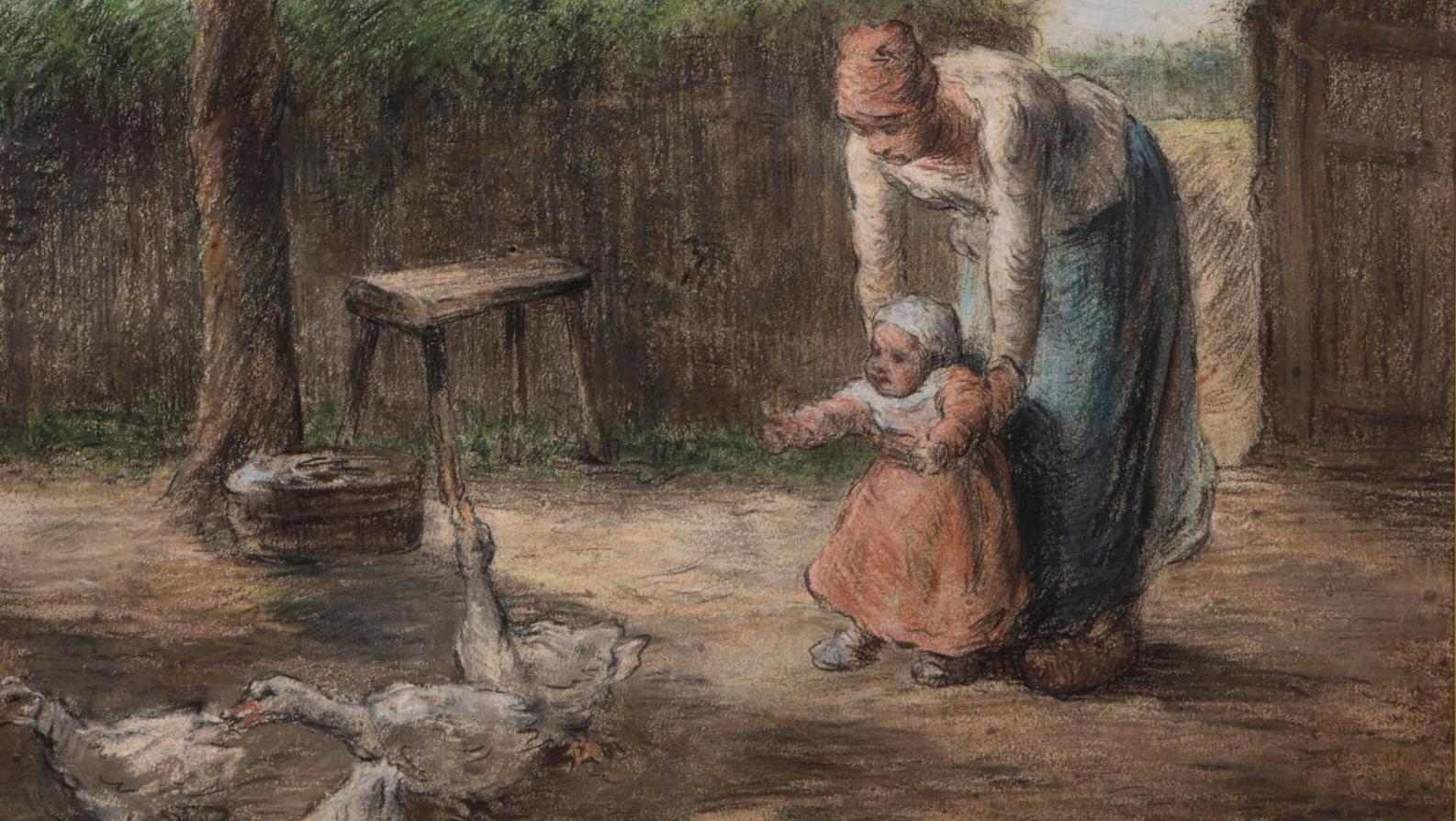 Jean-François Millet (1814-1875), Les Premiers Pas, pastel sur papier signé « J.... De Millet à Sonrel