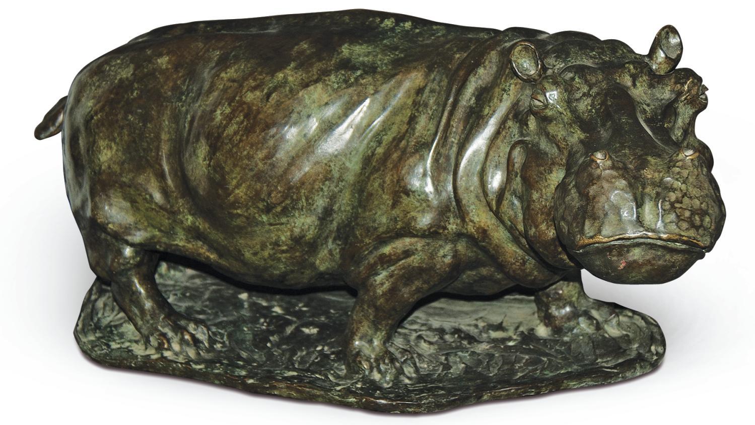 José Maria David (1944-2015), Hippopotame, bronze à patine brun-vert signé sur la... Le triomphe d’un hippopotame et d’un kangourou