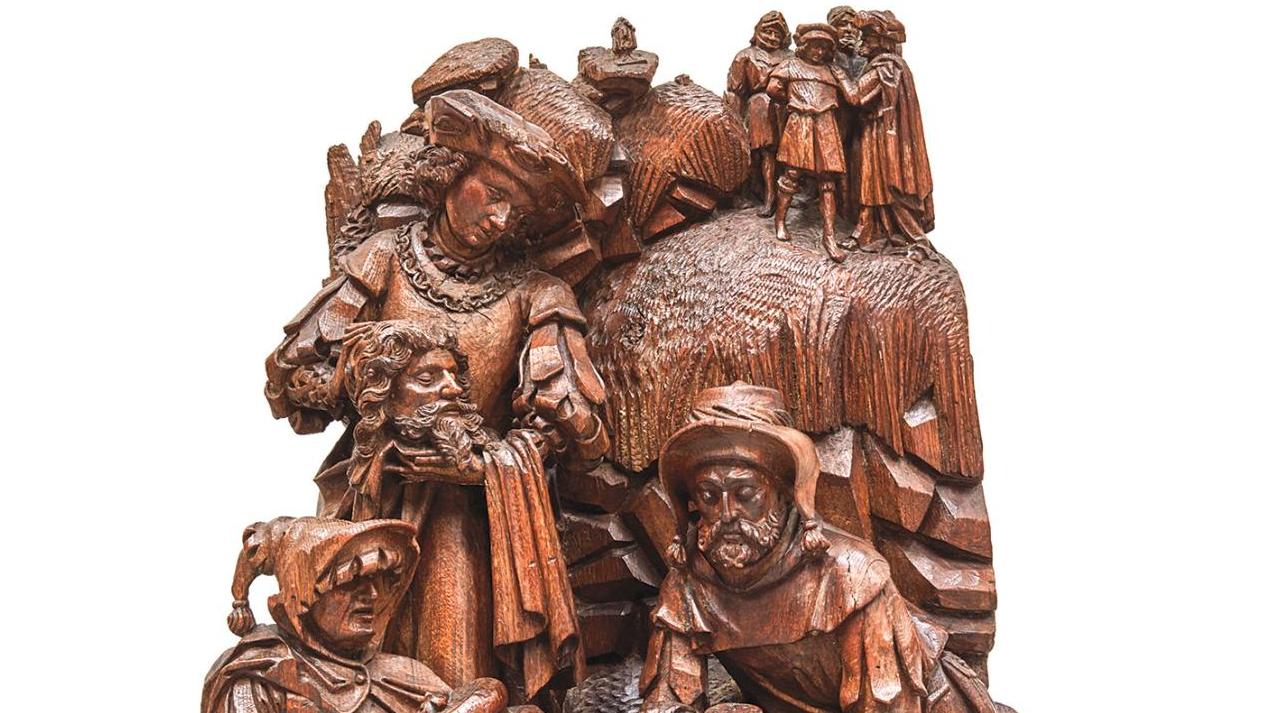 Attribué au maître d’Esloo. Groupe de retable en chêne sculpté représentant la Translation... Un chemin de saint Jacques attribué au maître d’Esloo
