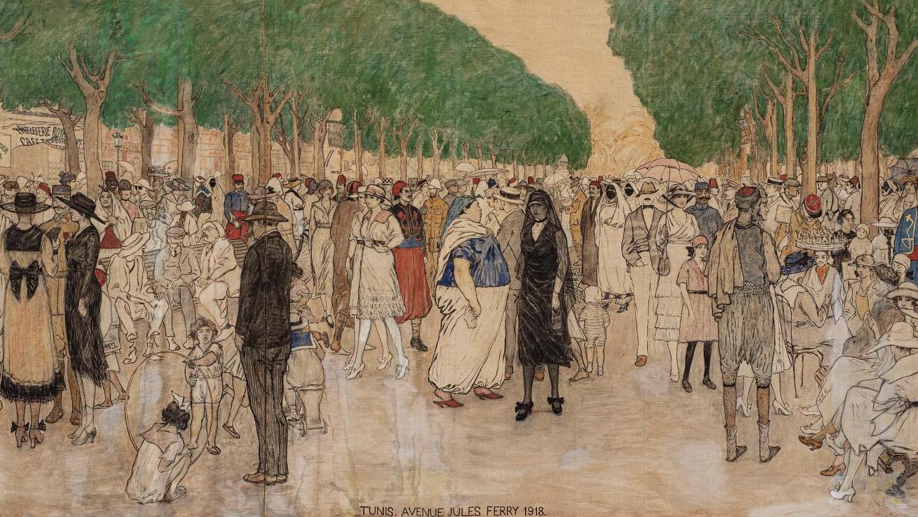 Alexandre Roubtzoff (1884-1949), Avenue Jules-Ferry, 1918 (Population cosmopolite... Alexandre Roubtzoff  : Tunis au grand angle