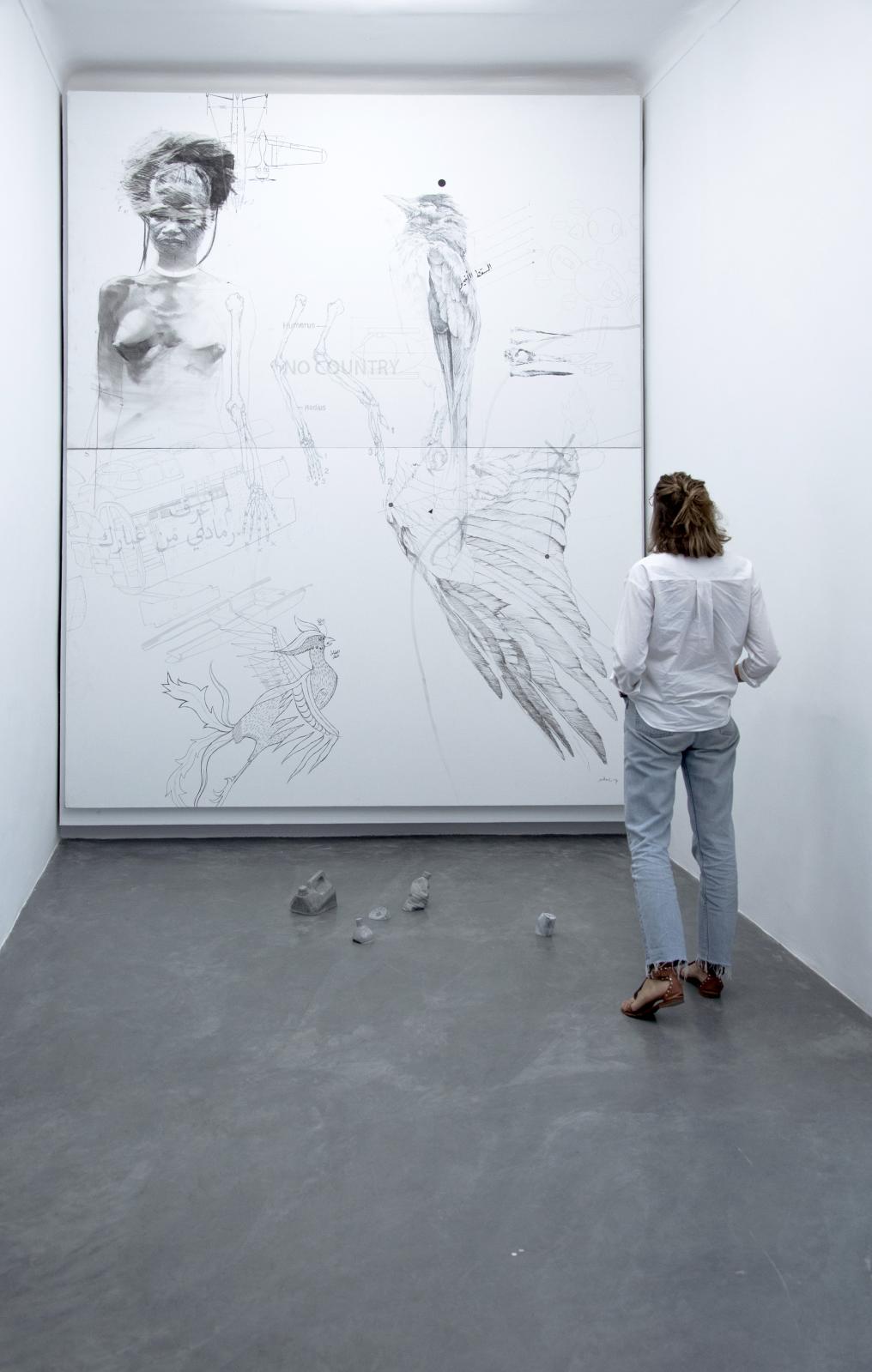 Nidhal Chamekh (né en 1985), Le Battement d’ailes, 2016, graphite, encre et transfert sur toile.