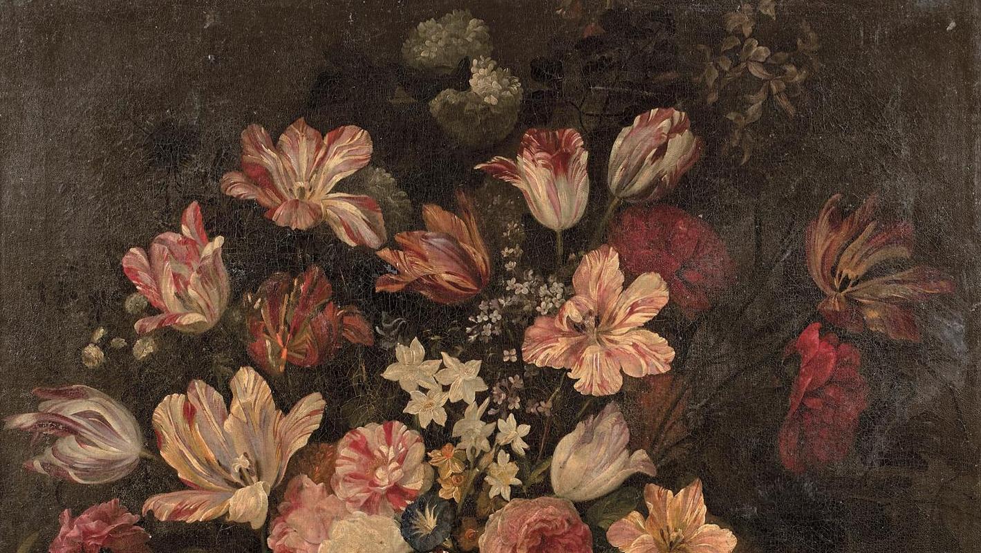 Justus Van Huysum (1659-1716), Bouquet de fleurs dans un vase sur un entablement,... Les fleurs de la Hollande par Van Huysum