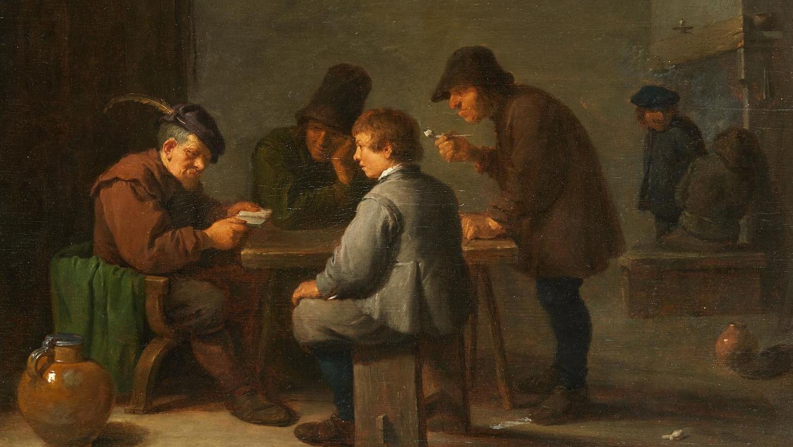 David Teniers II (1610-1690), Paysans jouant aux cartes dans une taverne, huile sur... Réalisme flamand d’une scène de taverne