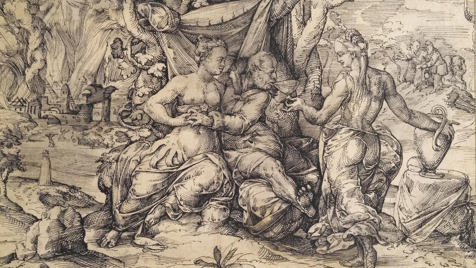 Jost Amman (1539-1591), Loth et ses filles, 1571, plume et encre noire, lavis gris,... Trois épisodes de l’histoire de Loth
