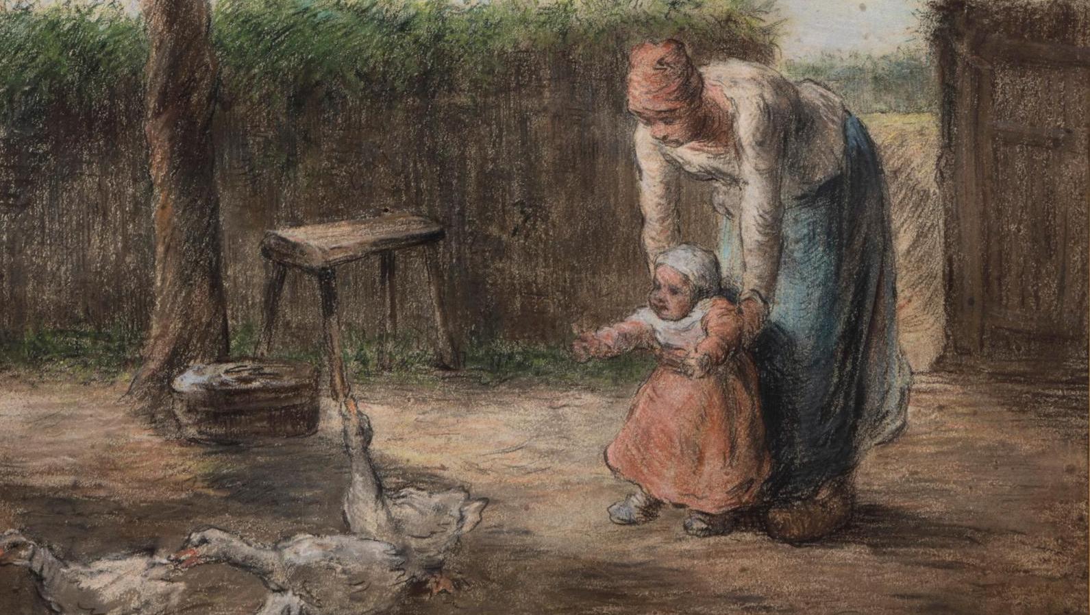 Jean-François Millet (1814-1875), Les Premiers Pas, pastel sur papier signé, 40 x 46,7 cm.... Dans les pas de Millet
