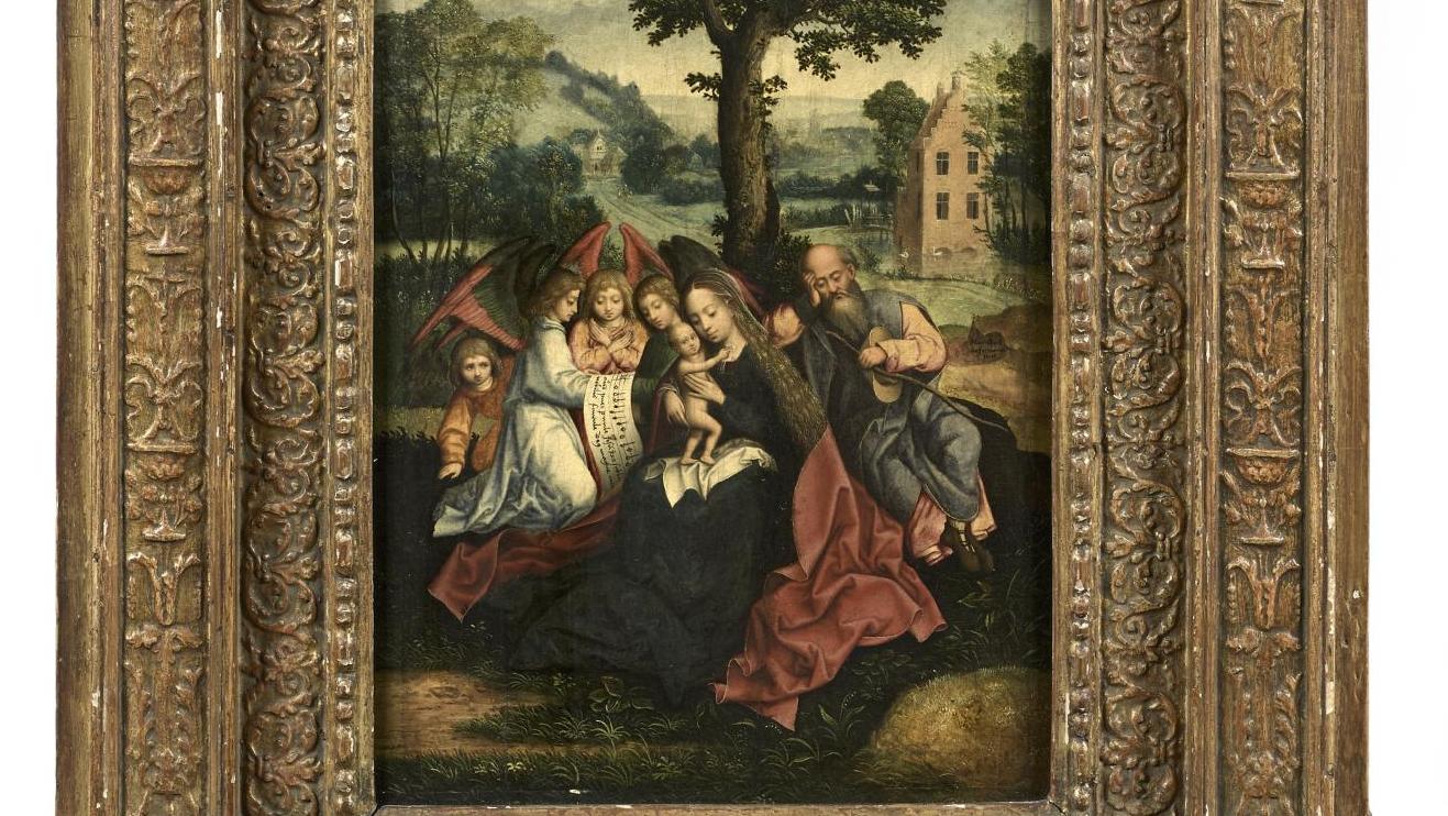 Marcellus Coffermans (actif entre 1549 et 1578), La Sainte Famille entourée d’anges,... L’espièglerie en embuscade derrière le recueillement