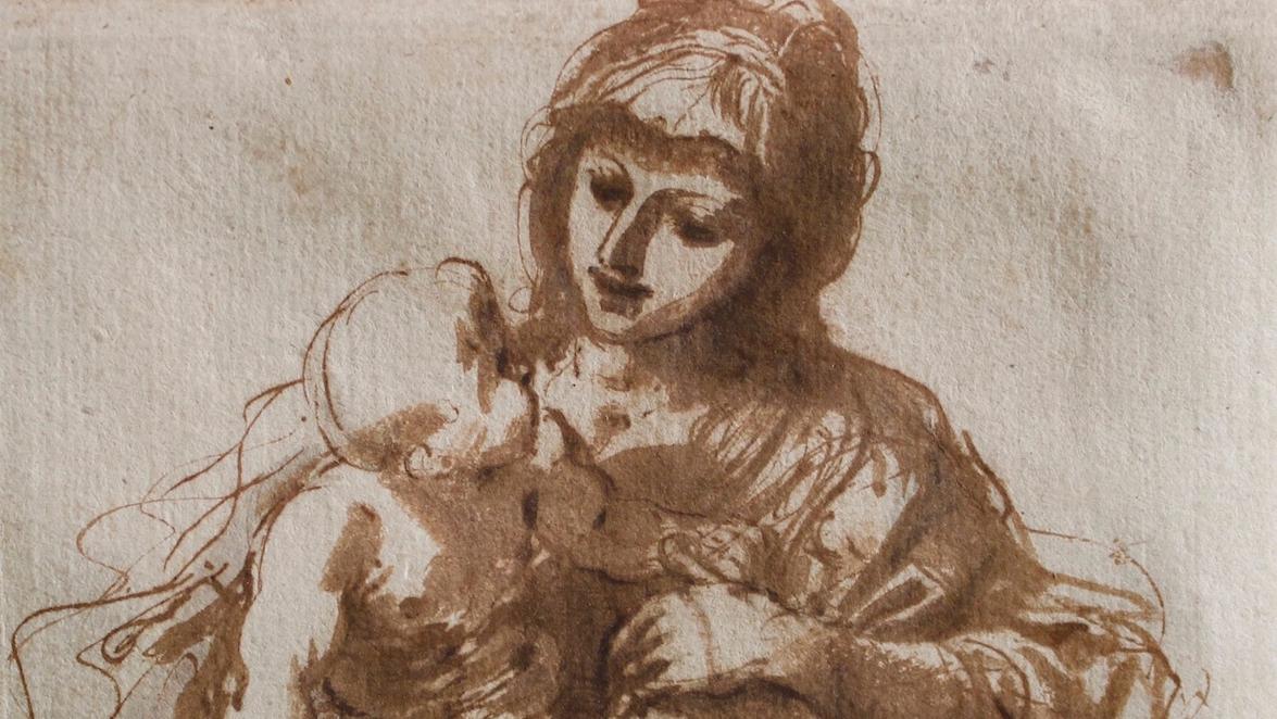 Giovanni Battista Barbieri, dit le Guerchin (1591-1666), Vierge à l’Enfant, plume... L’Amour maternel par Le Guerchin