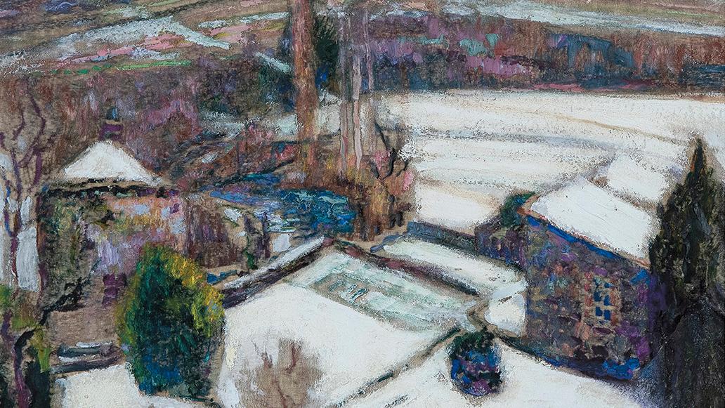Victor Charreton (1864-1936), Jardin sous la neige, huile sur finette, 73 x 60 cm.... Victor Charreton, l’Auvergne aux couleurs de l’art moderne