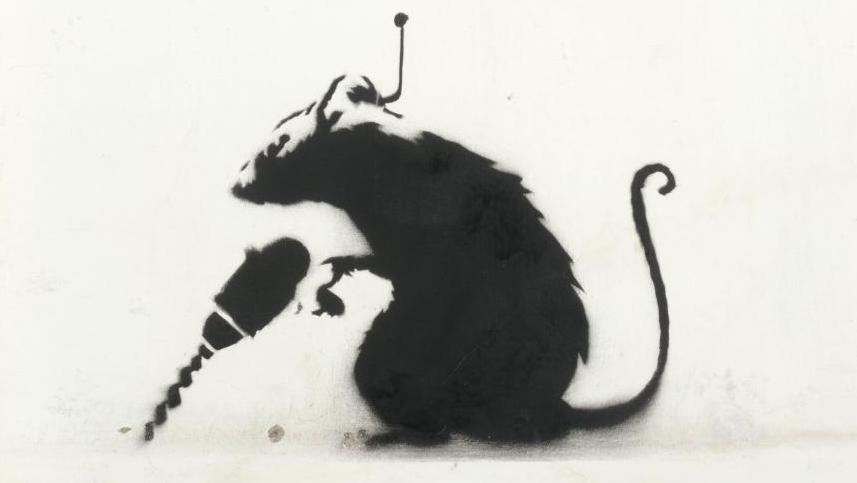 Banksy (né en 1975), Drill Rat, 2002, acrylique et pochoir sur plâtre, 63 x 45 x 6,5 cm.... Le street art a la cote