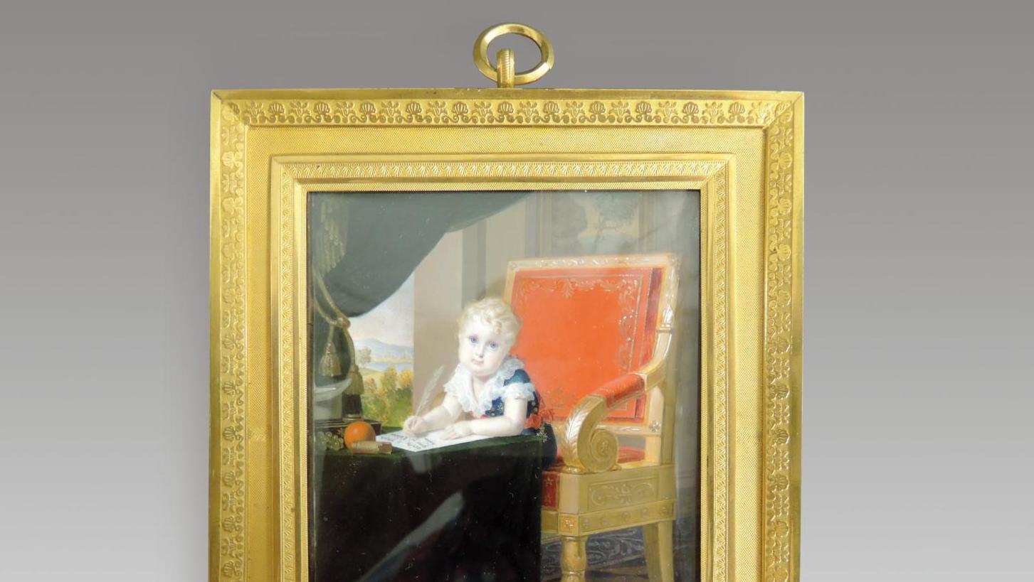 Aimée Thibault (1780-1868), Portrait du roi de Rome enfant écrivant une lettre à... Le Roi de Rome écrit «à son papa»