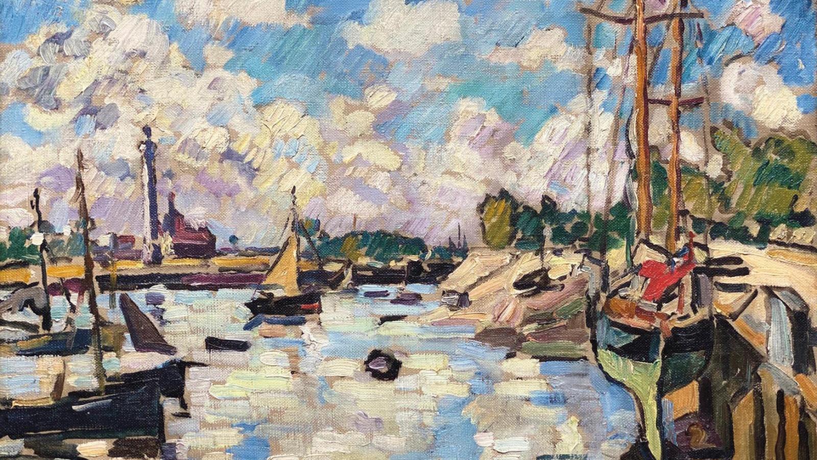 Louis Valtat (1869-1952),Vue d’Ouistreham, le port à marée basse, vers 1930, huile... Sur les quais d’Ouistreham avec Louis Valtat