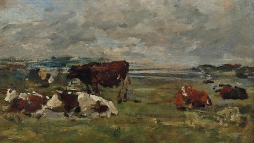 Eugène Boudin (1824-1898), Les Vaches, vers 1881-1888, huile sur toile monogrammée... Eugène Boudin et Albert Lebourg en visite à Vichy