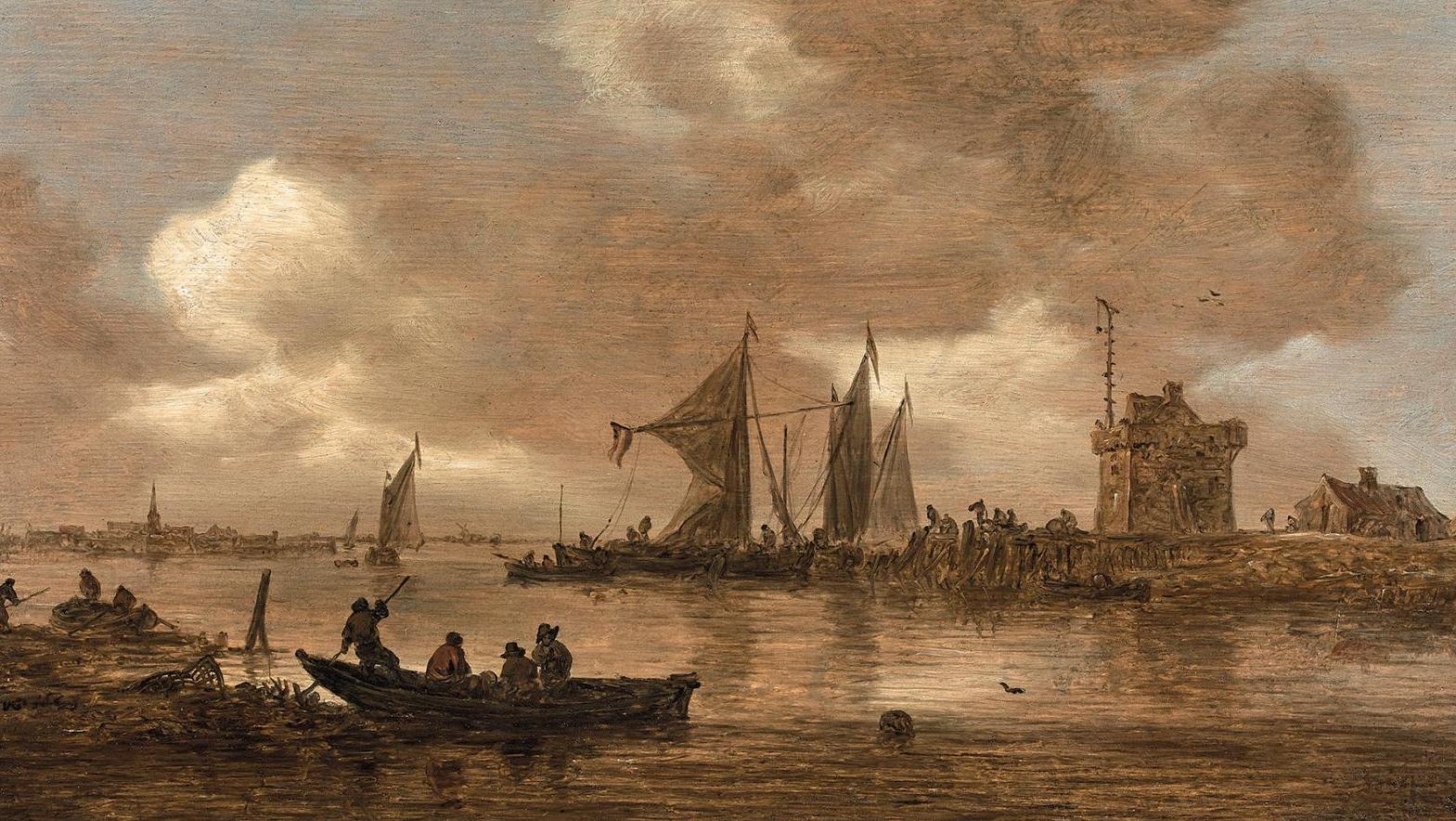 Jan van Goyen (1596-1656), Estuary with boats and fishermen, 1653, oil on cradled... From Van Goyen to Jean Marais: Outstanding Works on La Croisette