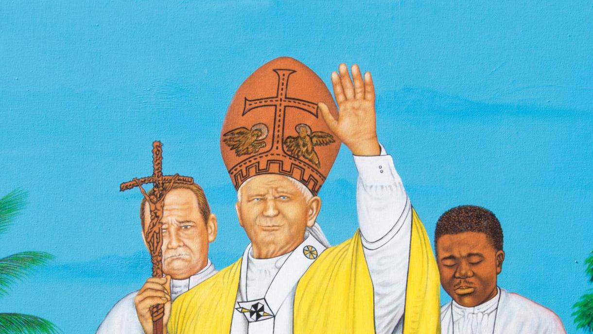 Chéri Samba (né en 1956), Le Pardon du pape Jean-Paul II, 2000, acrylique sur toile,... Des messages hauts en couleur