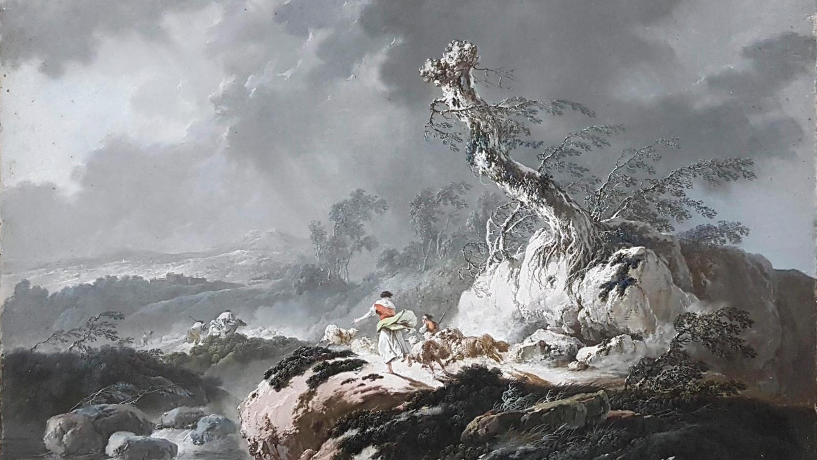 Jean Pillement (1728-1808), Paysage de neige et Au Portugal - La Veillée,paire de... Quand Pillement dialogue avec Le Guerchin et Érard 