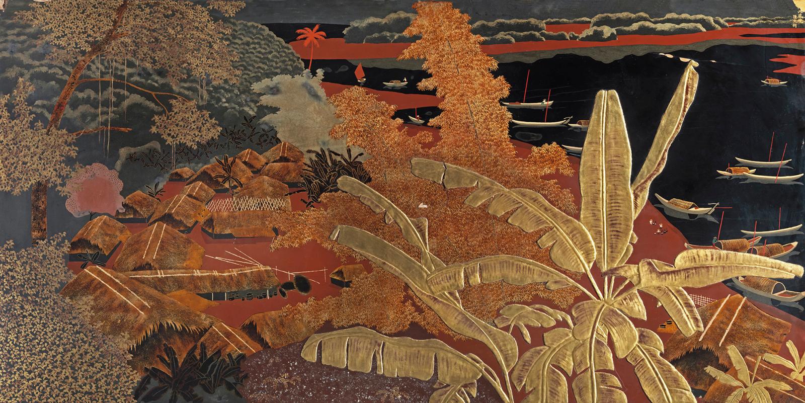 Bananiers devant un village tonkinois, laque polychrome et or sur panneau de bois, début des années 1940, partie incomplète d’un poème réd