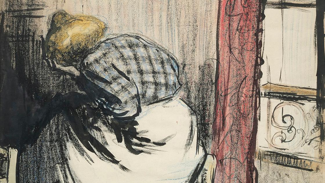 Kees Van Dongen (1877-1968), L'amant part. la fille reste… avec son enfant, 1901,... A Sombre Drawing by Kees Van Dongen 