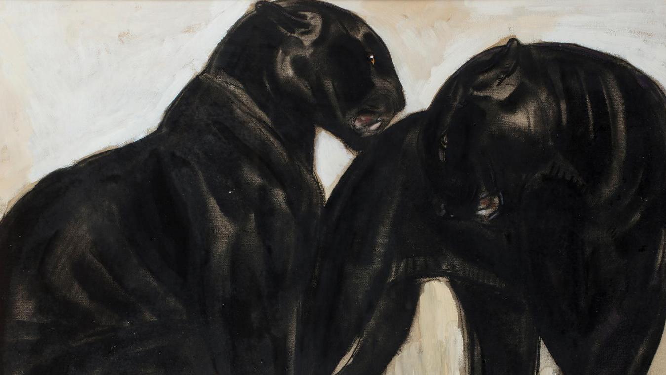 Paul Jouve (1878-1973), Deux panthères noires, 1930, encre et lavis d’encre sur trait... Félines