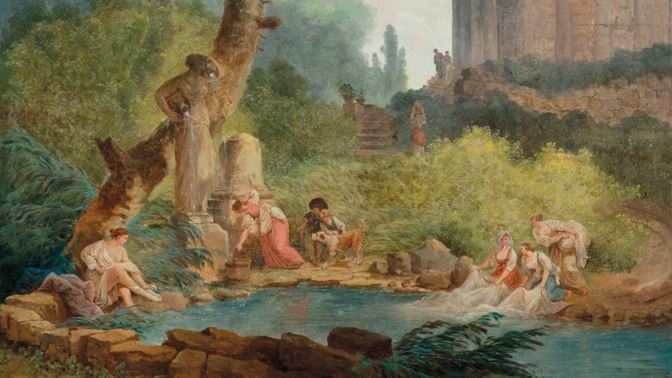 Hubert Robert (1733-1808), Washerwomen by a River with Temple Ruins in the Background... Un Hubert Robert place de la Concorde