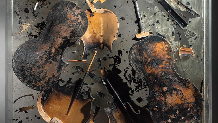 Armand Fernandez aka Arman (1928-2005), Romeo and Juliet, Combustion of broken cellos... Musical Rage by Arman