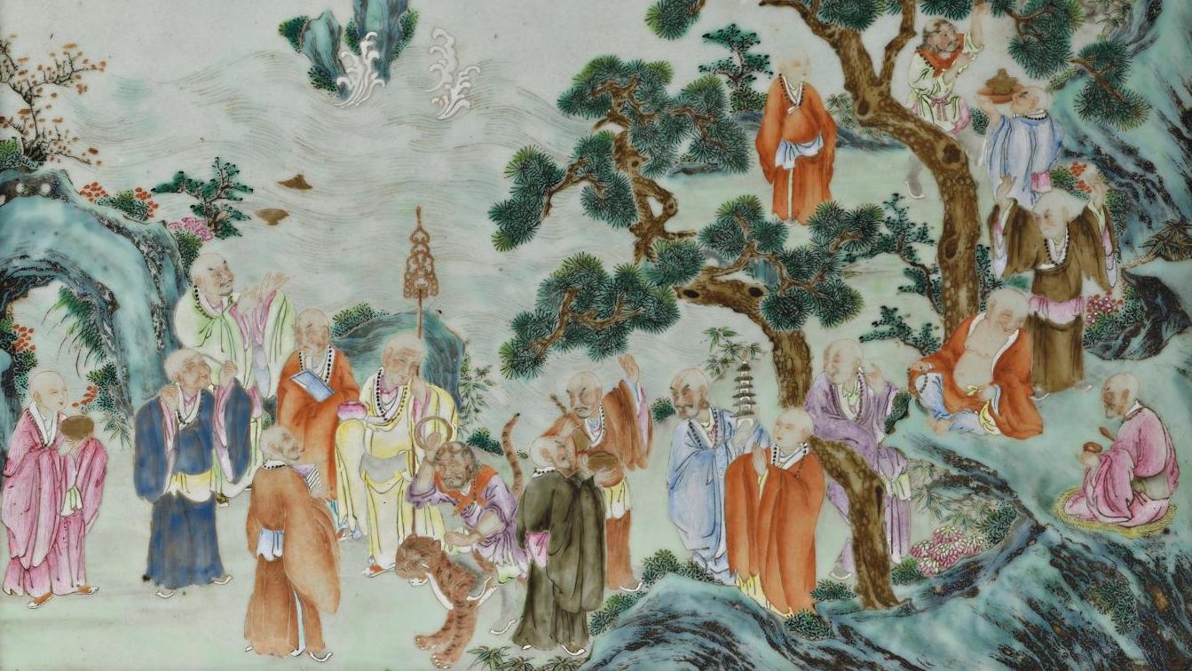 Chine, XVIIIe-XIXe siècle. Plaque rectangulaire en porcelaine polychrome, à décor... Légendes et rituels de la Chine impériale 