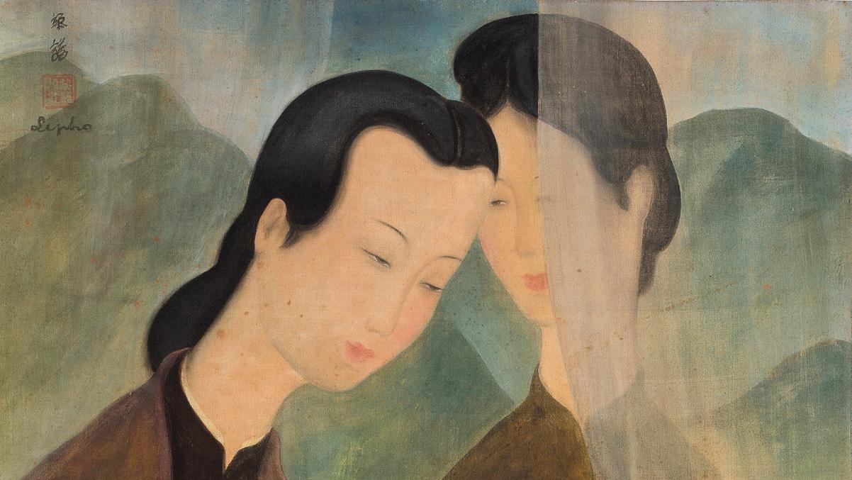 Lé Phô (1907-2001), Les Deux Sœurs au balcon, encre et couleurs sur soie, 60 x 46 cm....  Lé Phô, l’art du Vietnam  dans tous ses états