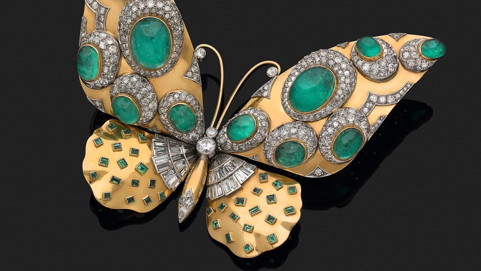 Suzanne Belperron (1900-1983), broche «papillon» articulée en or jaune et platine,... Suzanne Belperron ? Un envol haut en couleur