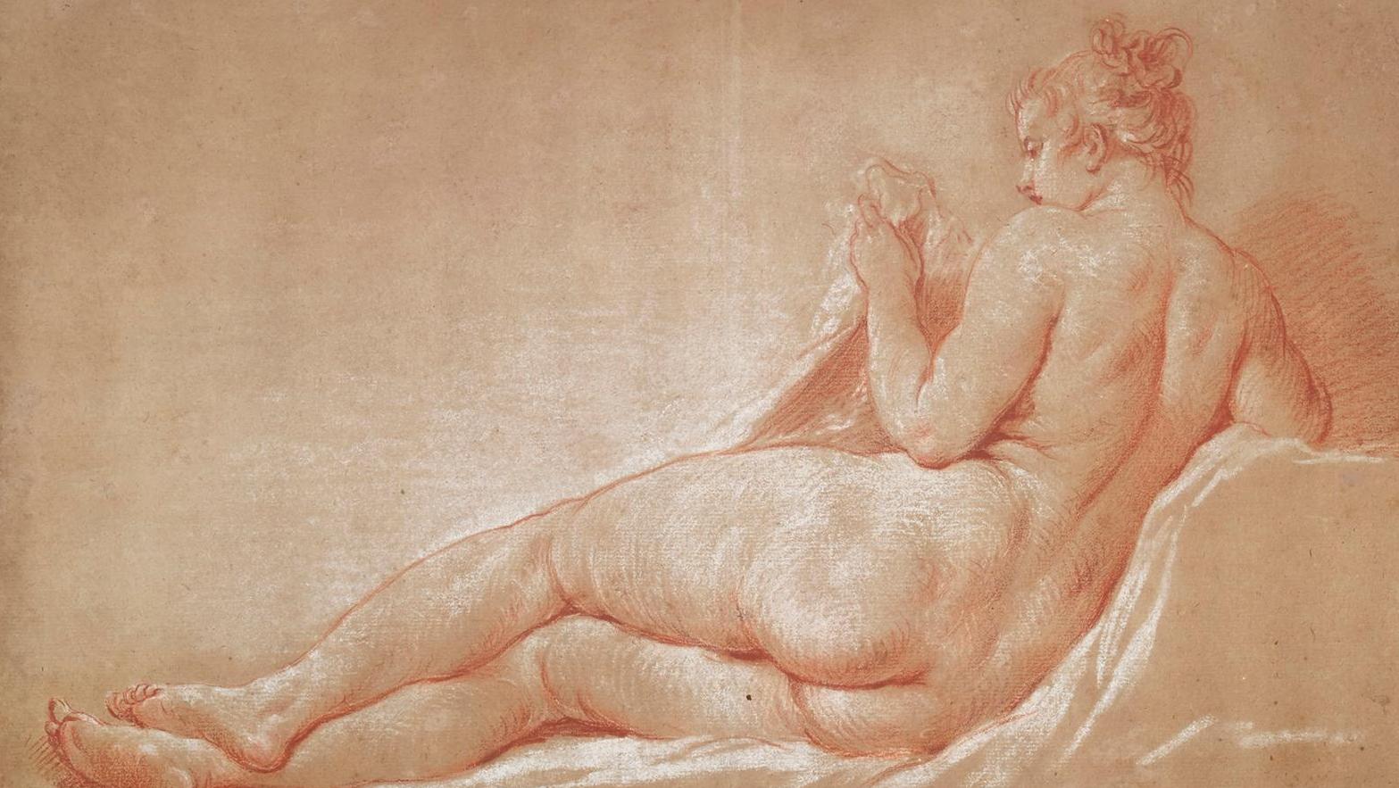 Attribué à François Boucher (1703-1770), Étude de femme nue allongée de dos, sanguine... Attribuée à François Boucher