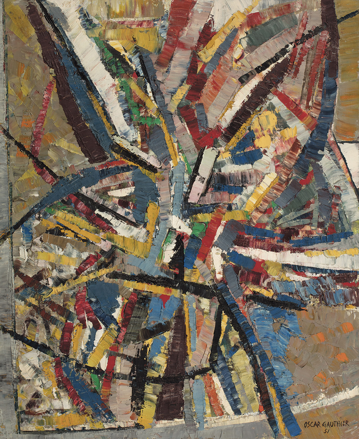 9 363 € saluaient une Composition d’Oscar Gauthier (1921-2009). Cette huile de 1951, mesurant 62 x 50 cm, explose sur la toile à la manièr