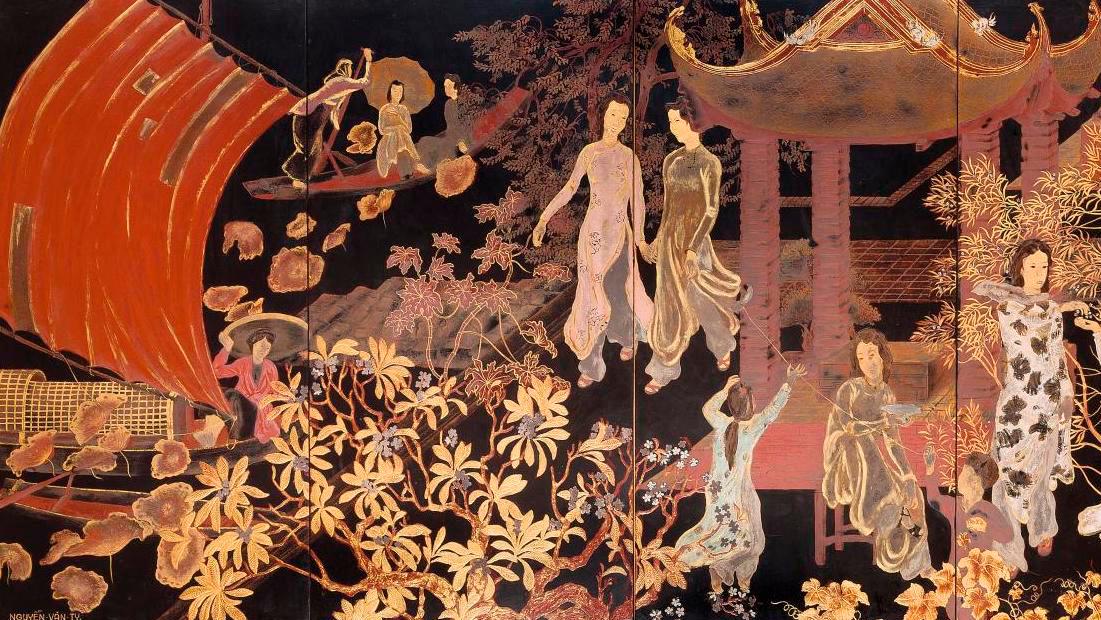 Nguyen Van Ty (1917-1992), Hoi Dinh Chèm (“The Village Feast”), polychrome lacquer... Lê Thi Luu and Nguyen Van Ty: A Rain of Records for Vietnamese Paintings